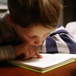 Boy leaning over book and using finger to read along
