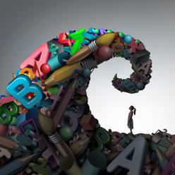 A drawing of a wave of letters about to crash onto a girl